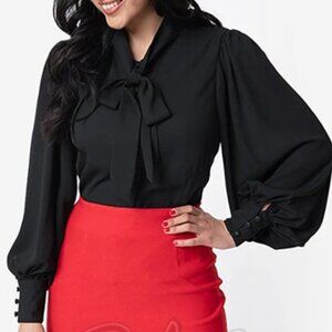 Unique Vintage - Black Satin 1940s Gwen Neck Tie Blouse